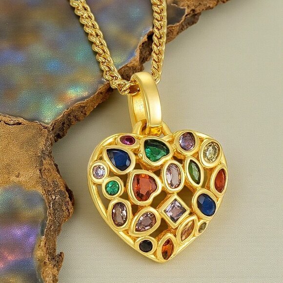 ποΈ Boho Chic Colorful Gem Heart Necklace 18K Gold Plated Stainless Steel - Picture 13 of 14
